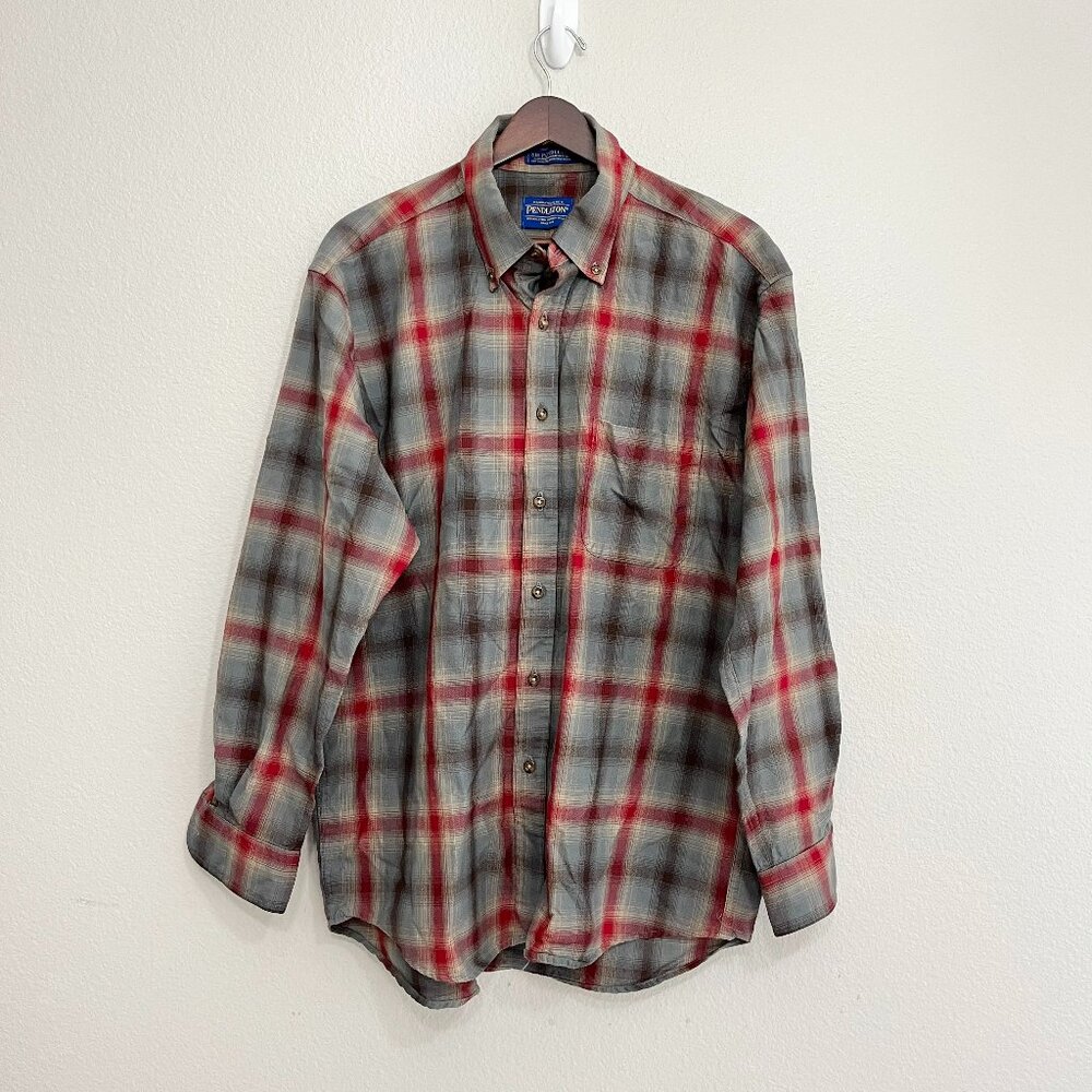 Pendleton Wool Button Down Shirt Men's Size Large Blue Red Flannel Long Sleeve